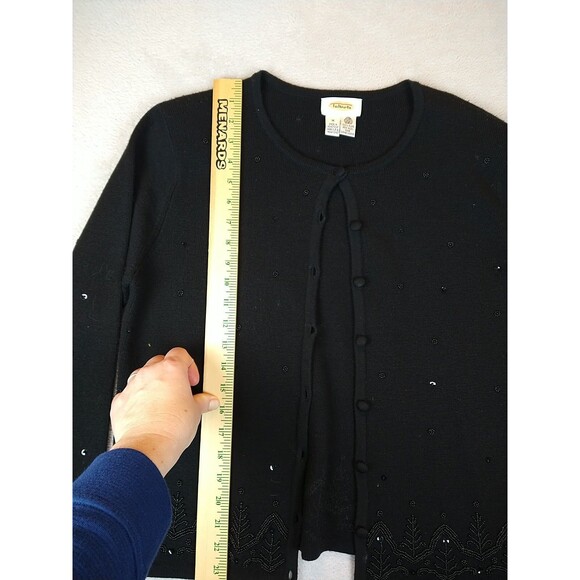 Talbots Cardigan Sweater Women's Medium Wool Black Bead Sequin Button - Picture 8 of 11